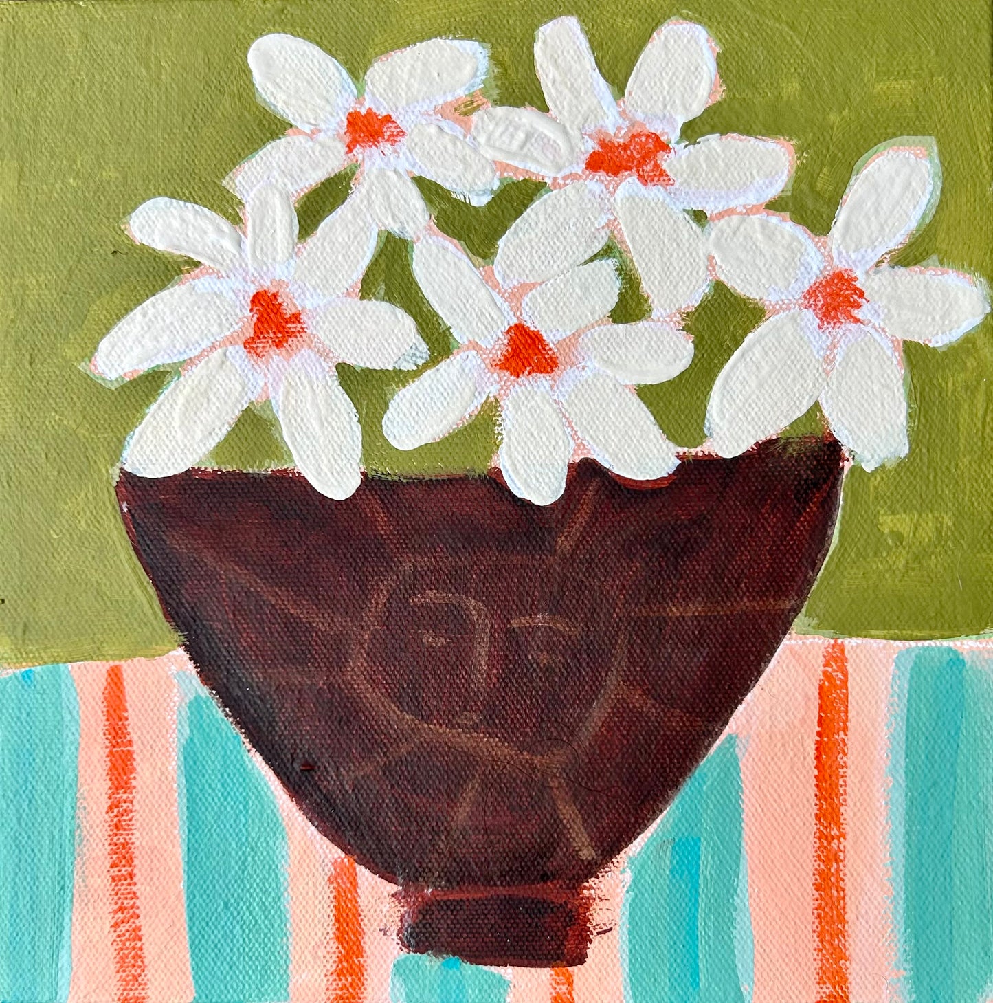 Artistic depiction of white flowers with orange centers in a brown pot on a striped background