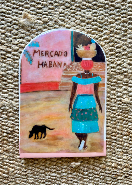 Handmade arch tile with Cuban lady going to the market artwork