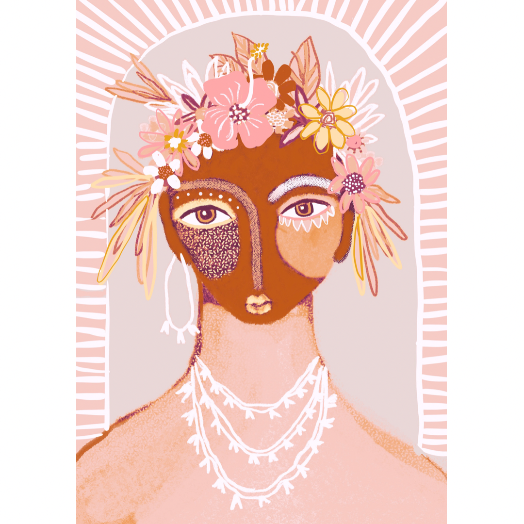 Art print bohemian woman with flowers in her hair in pinks and ochre colours
