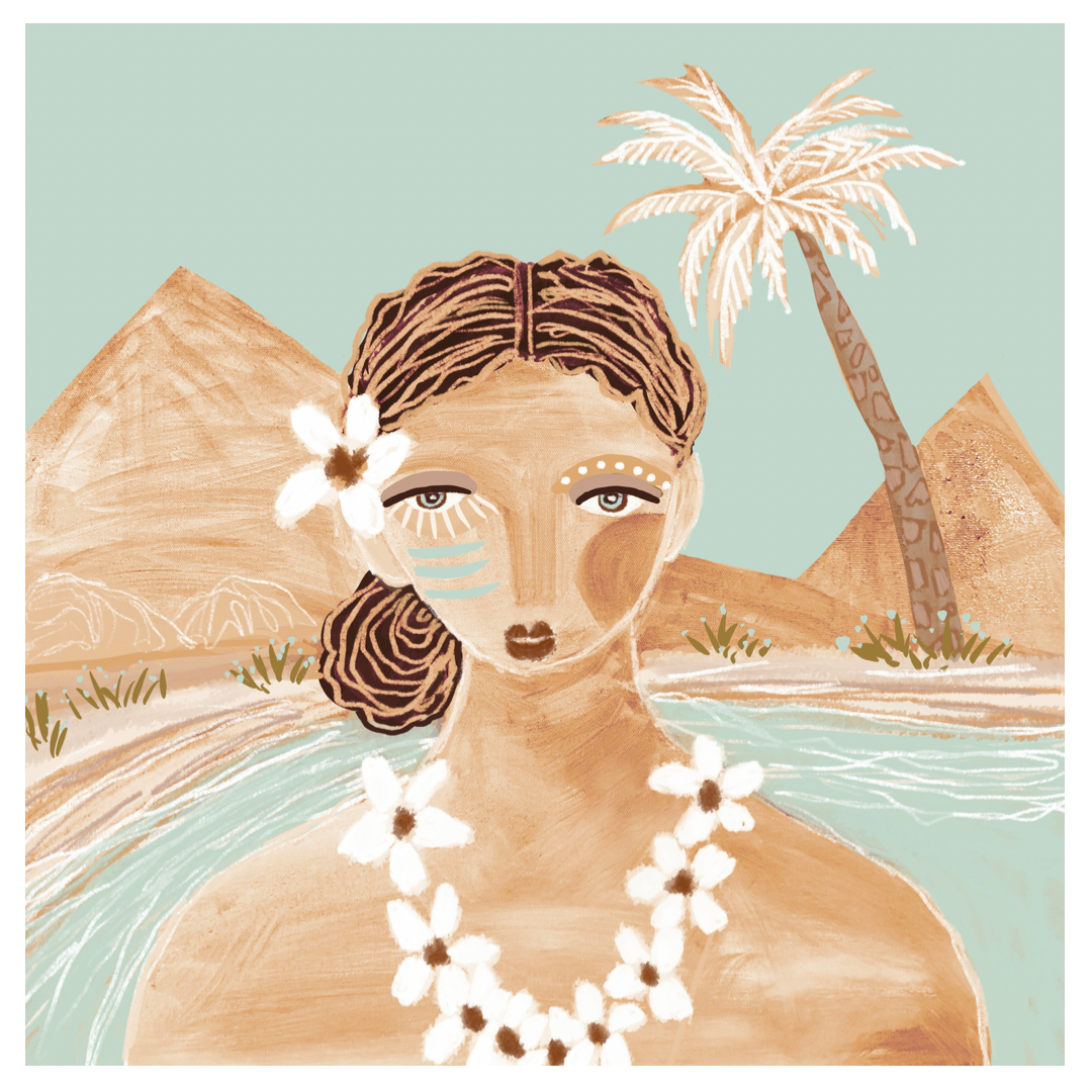 Art print bohemian island girl with flower Lei in tropical landscape