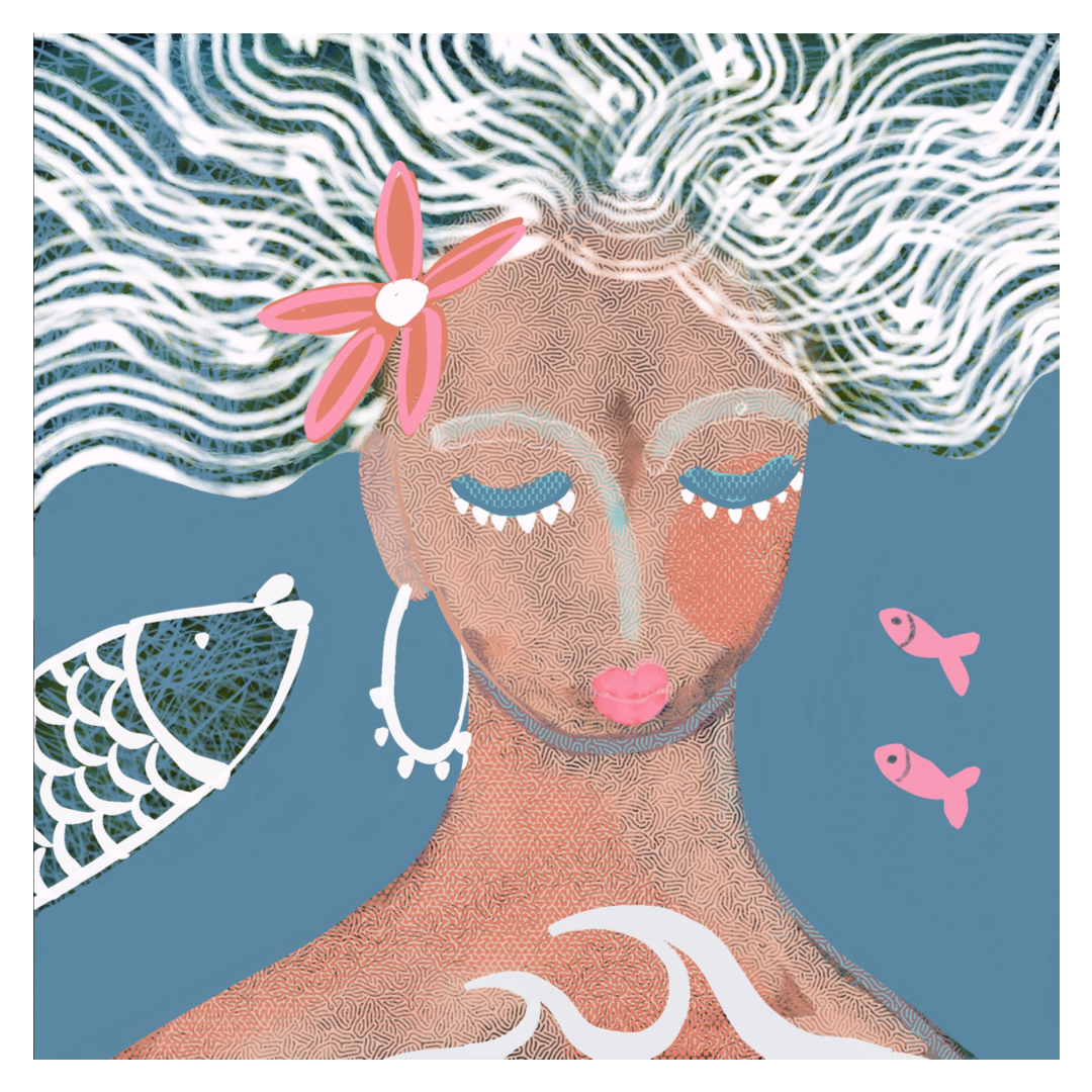 Art print little mermaid with flowing hair underwater with little fish
