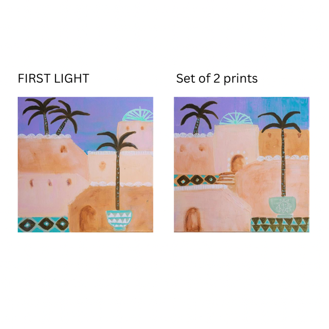 Set of two Moroccan prints in peaches, pinks, violet and olive