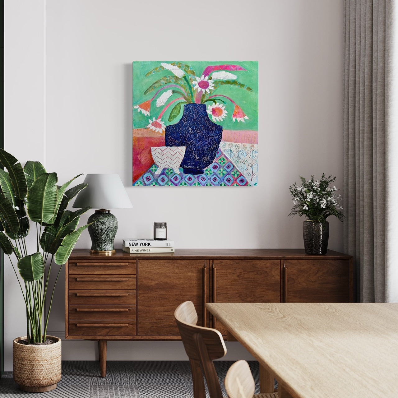 The ginger jar original artwork by sue fantini on wall above sideboard with lamp and plants