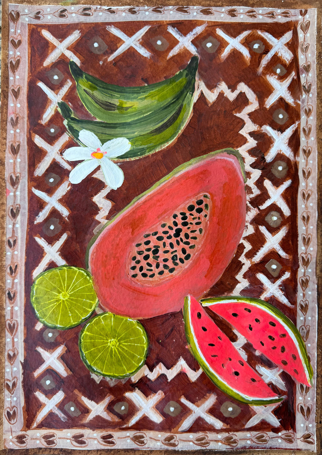 Artwork of summer fruits on cloth inspired by tapa pattern