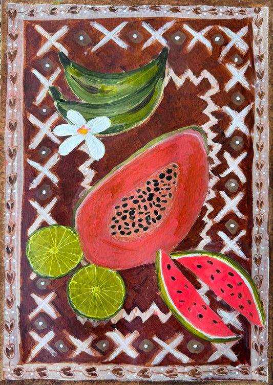 Artwork of summer fruits on cloth inspired by tapa pattern