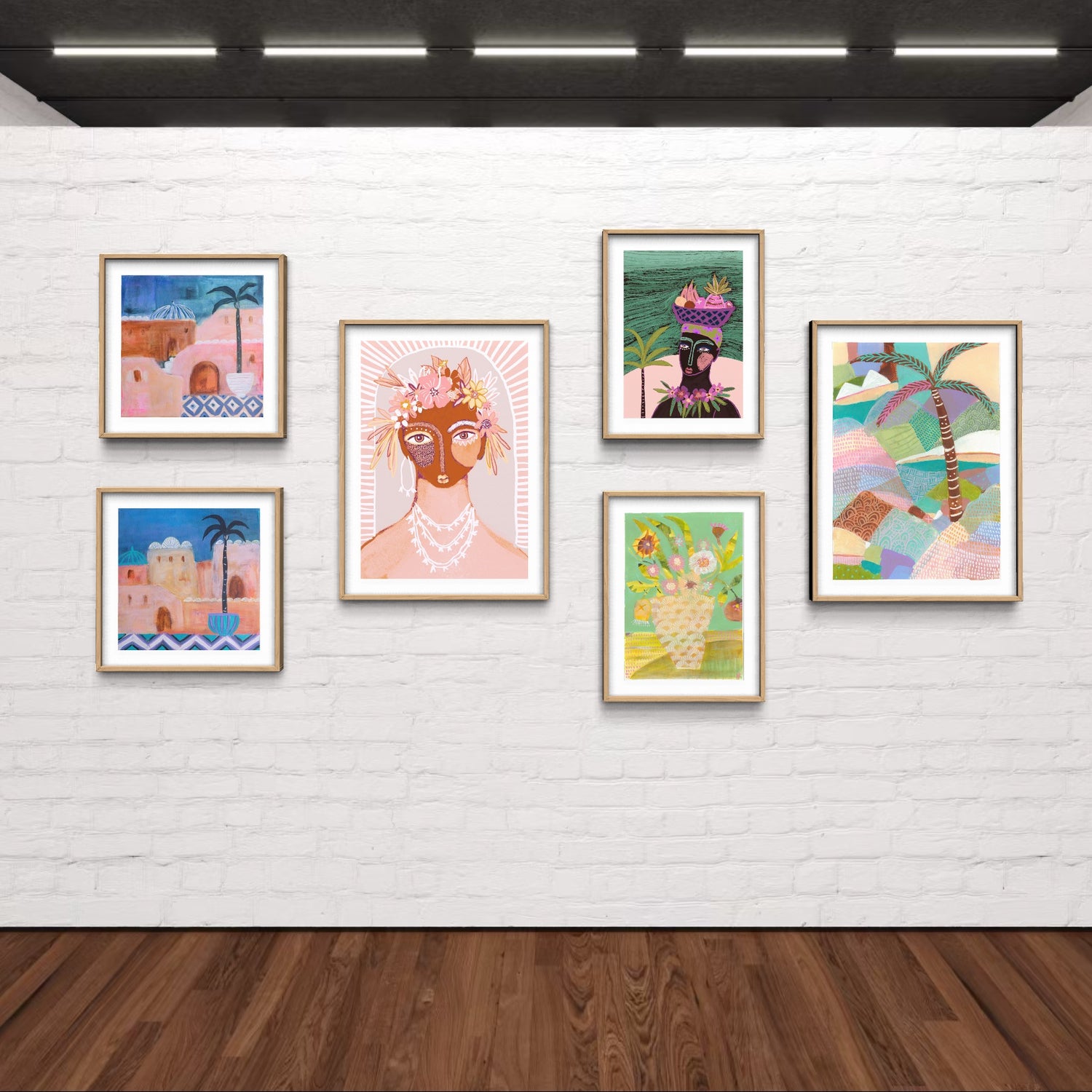 Gallery wall of colourful travel inspired art prints