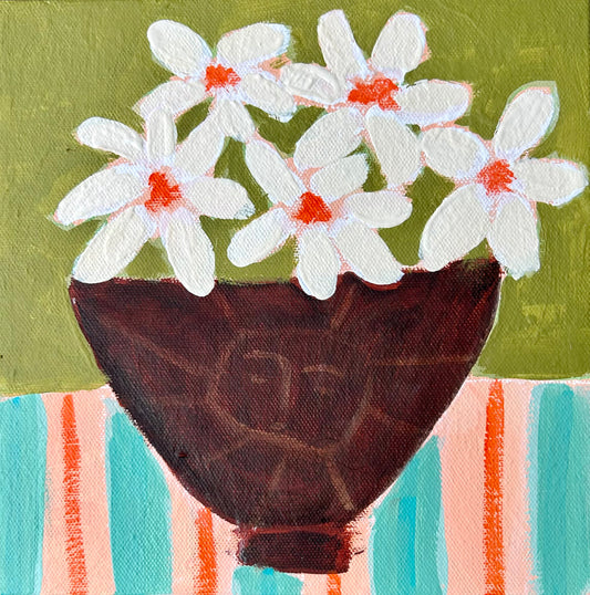 Artistic depiction of white flowers with orange centers in a brown pot on a striped background