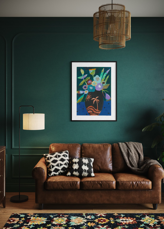 Living room with a brown leather sofa, decorative pillows, and a colorful rug.