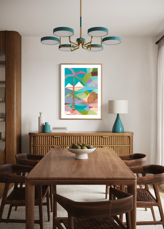 Dining room with wooden table, chairs, and a colorful abstract painting on the wall.