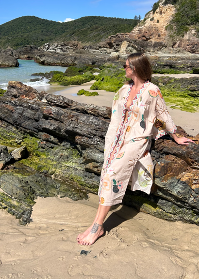 Women in sea song kimono on a beach
