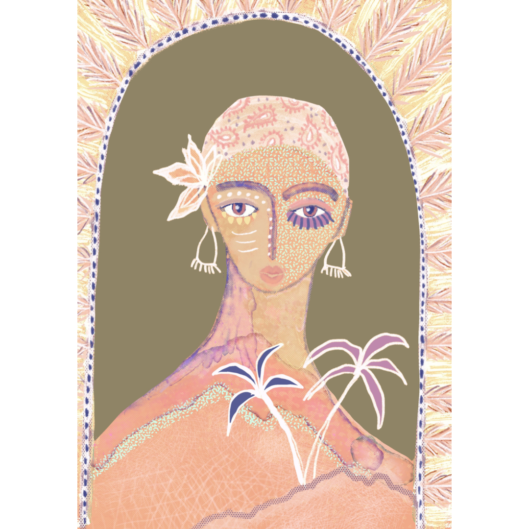 Art print Gypsy woman with palm trees and feathers