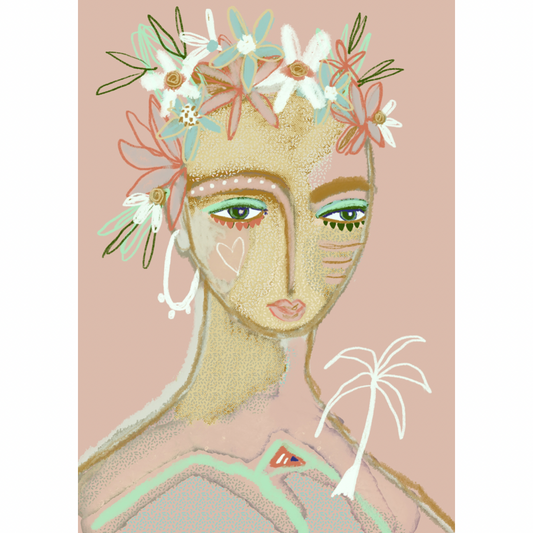 Art print bohemian woman with flowers in her hair and a palm tree