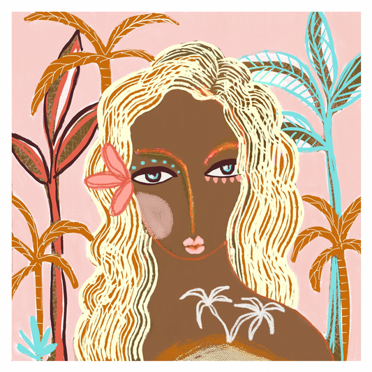 Art print gypsy girl in jungle of palm trees