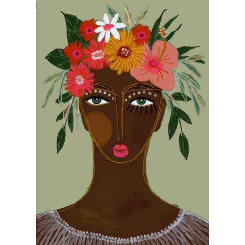 Art print bohemian woman with flowers in her hair sage green background 