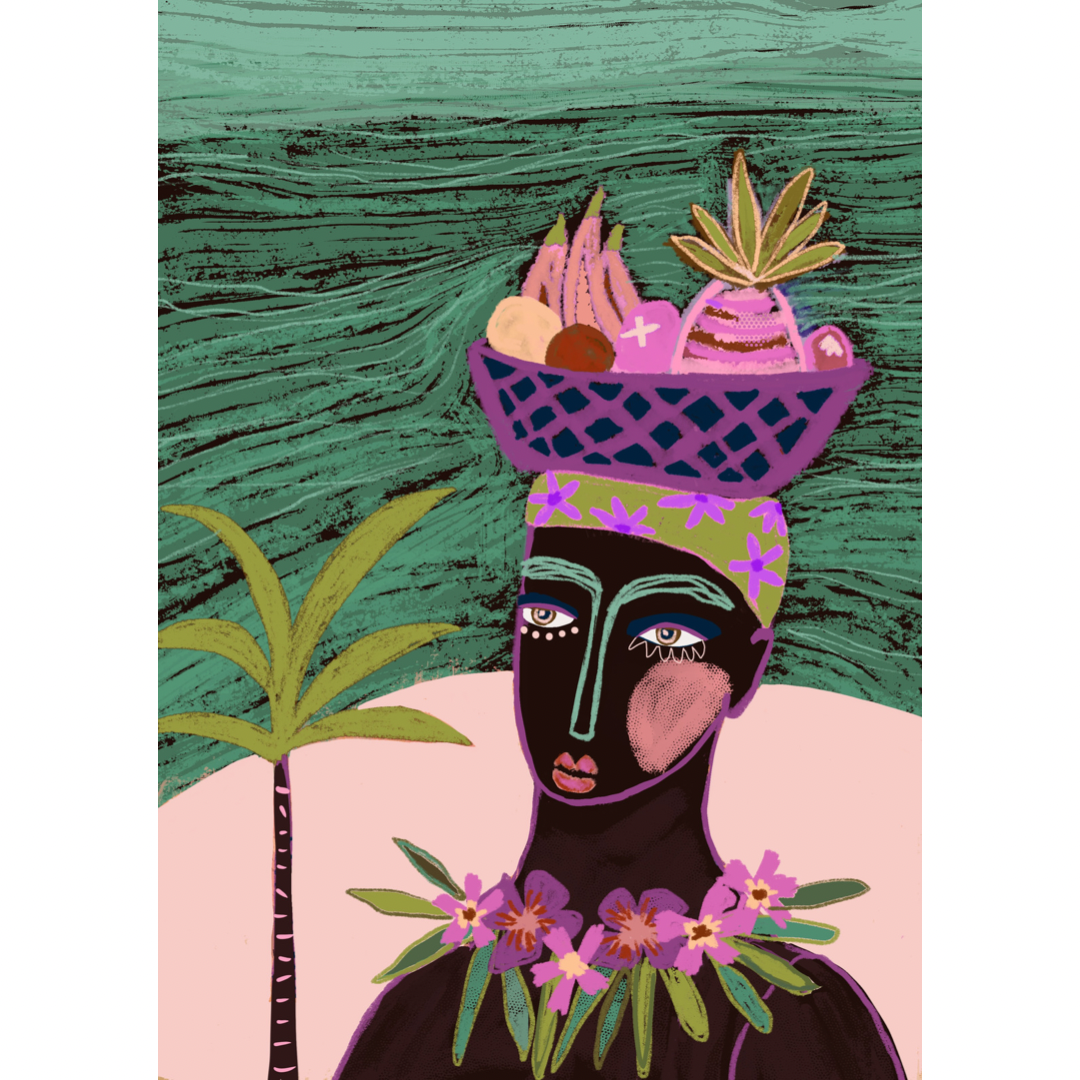 Caribbean woman with fruit bowl on her head and flower lei on island with a palm tree art print