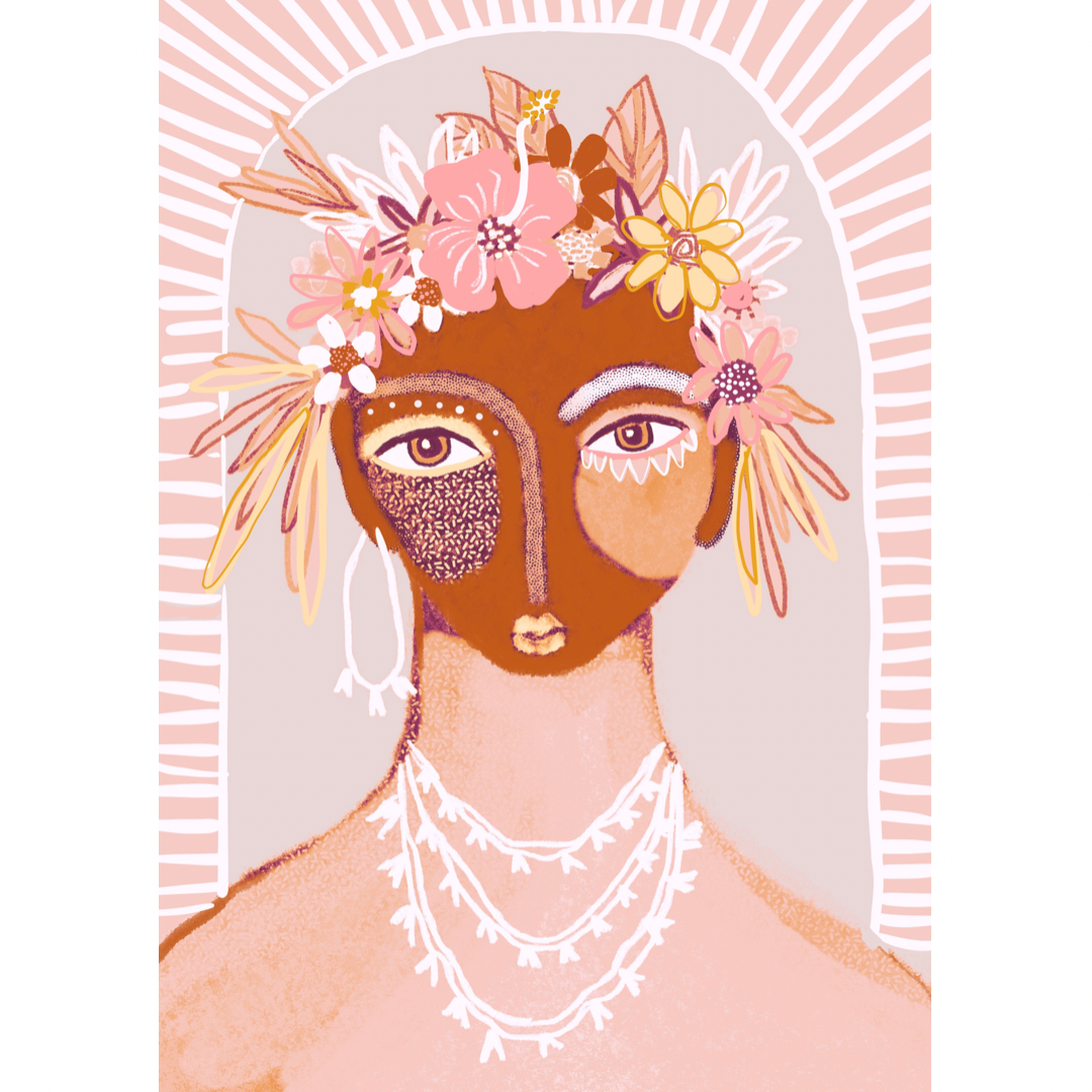 Art print bohemian woman with flowers in her hair in pinks and ochre colours 