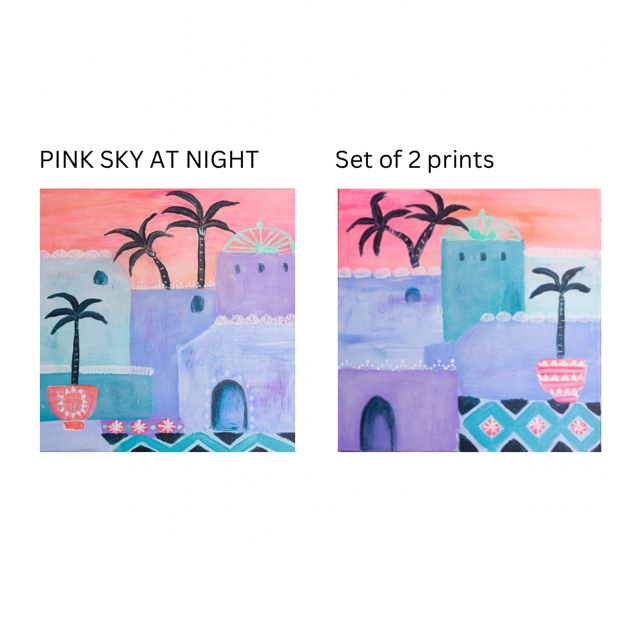Set of two Moroccan art prints in pinks, orange, violet and teal