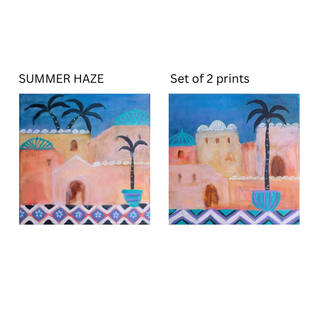 Set of Moroccan art prints in blue, pink and rust