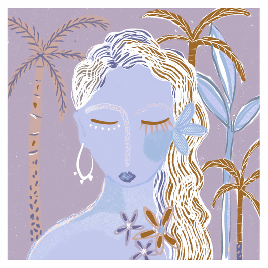 Art print gypsy girl in jungle landscape in lavender colours