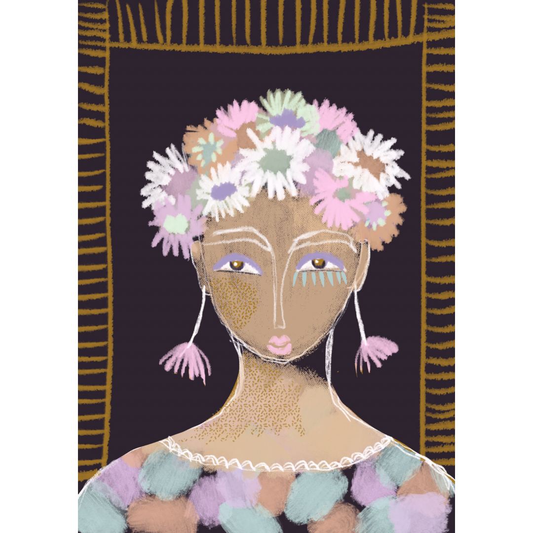 Art print bohemian woman with flowers in her hair 