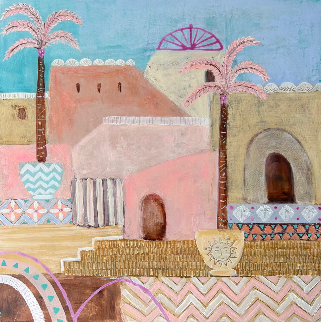 Original artwork in pinks and yellows of a Moroccan medina with palm trees