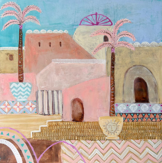 Original artwork in pinks and yellows of a Moroccan medina with palm trees