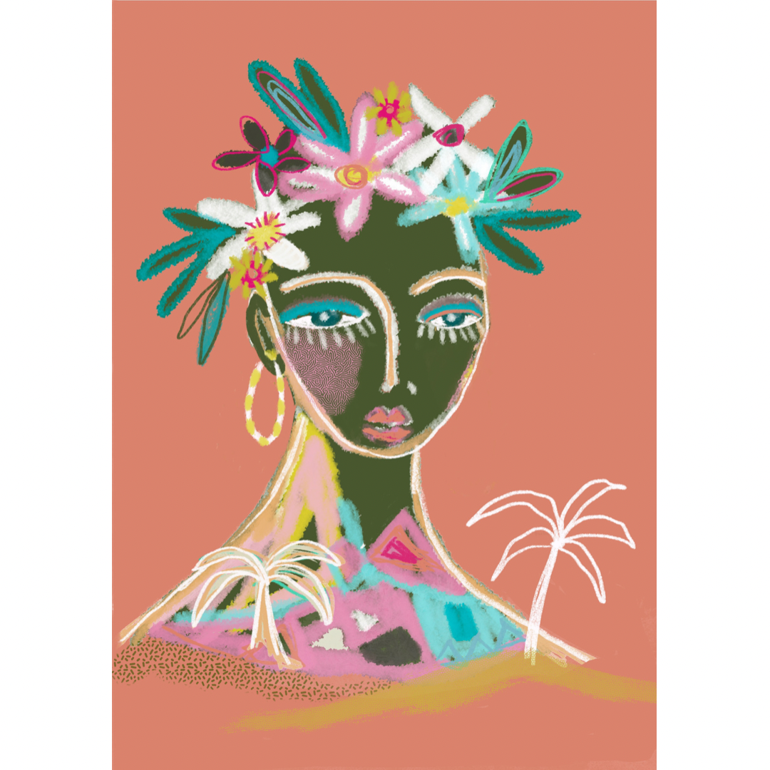 Art print bohemian woman with flowers in her hair in landscape with palm trees