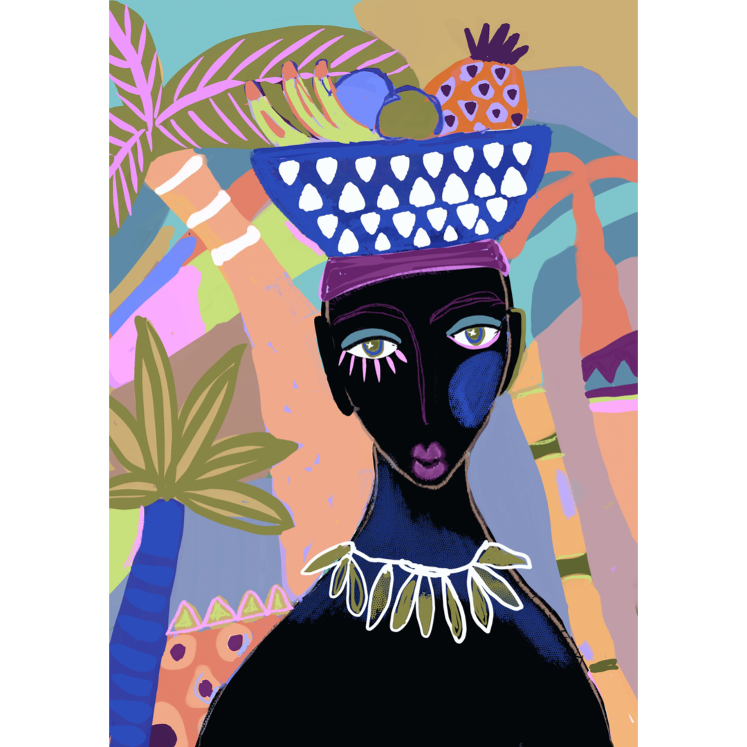 Art print bohemian woman with fruit bowl on her head in jungle landscape 